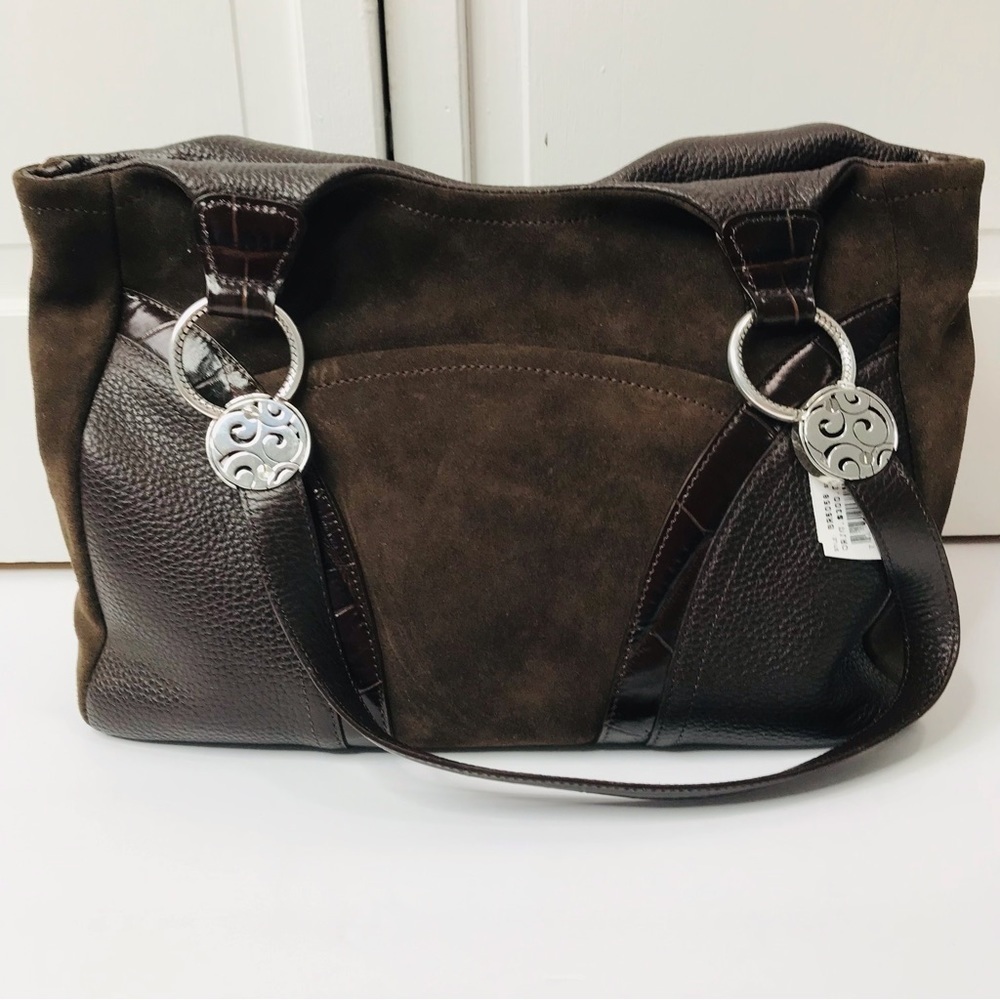 New BRIGHTON Brown Mixed-Media Suede & Leather Shoulder Bag